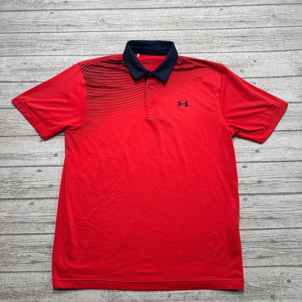 Under Armour Shirt Men's Large Red Short Sleeve Loose Fit Playoff Polo HeatGear